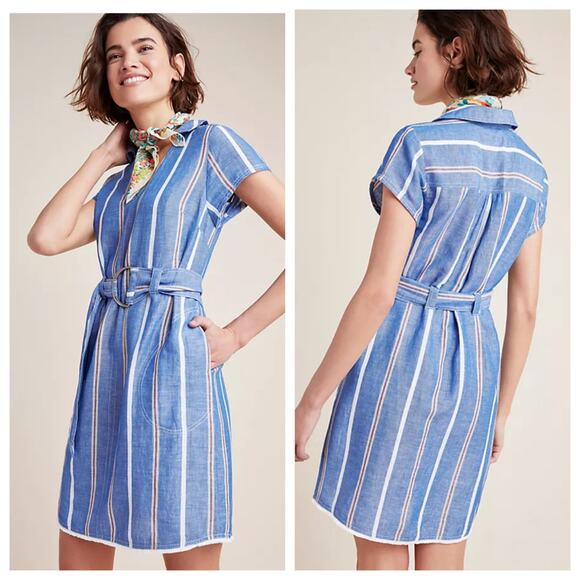 Pilcro Dresses & Skirts - Anthropologie Pilcro Striped Blue Belted Linen Blend Dress Women's 4